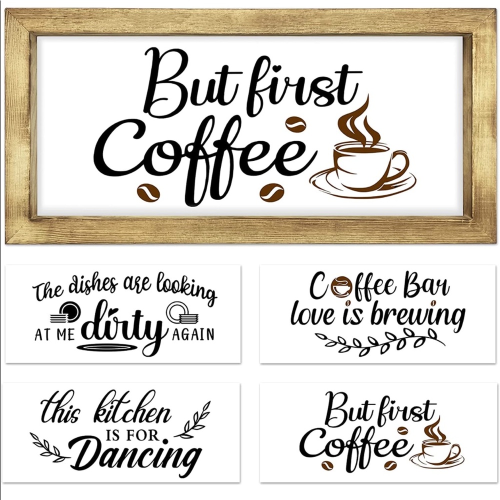 NEW! Pine Wood Coffee Bar Decor Farmhouse Wall Sign Four Interchangeable Sayings